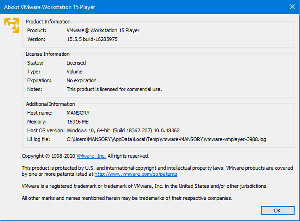 VMware Workstation Player 15.5.5 Build 16285975 Commercial